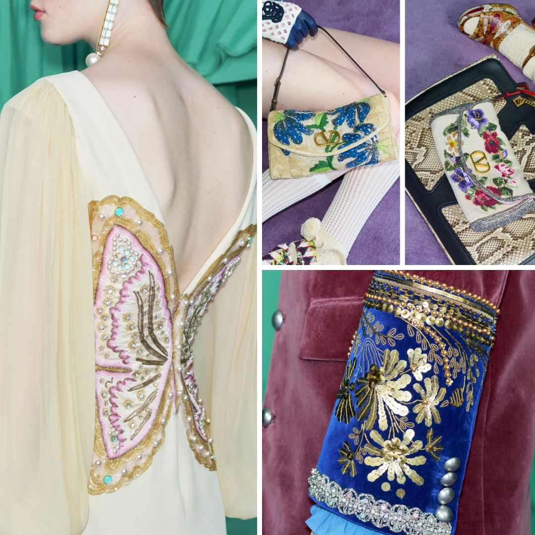 Close-up of Valentino Pre-Fall 2025 designs showcasing intricate embroidery on velvet and silk, featuring floral and butterfly motifs adorned with sequins, crystals, and beadwork