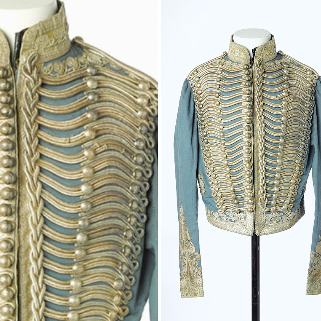 Light blue wool military jacket worn by Captain John Malcolmson VC, c. 1860, decorated with silver buttons and silver-plated lace frogging. National Army Museum, London