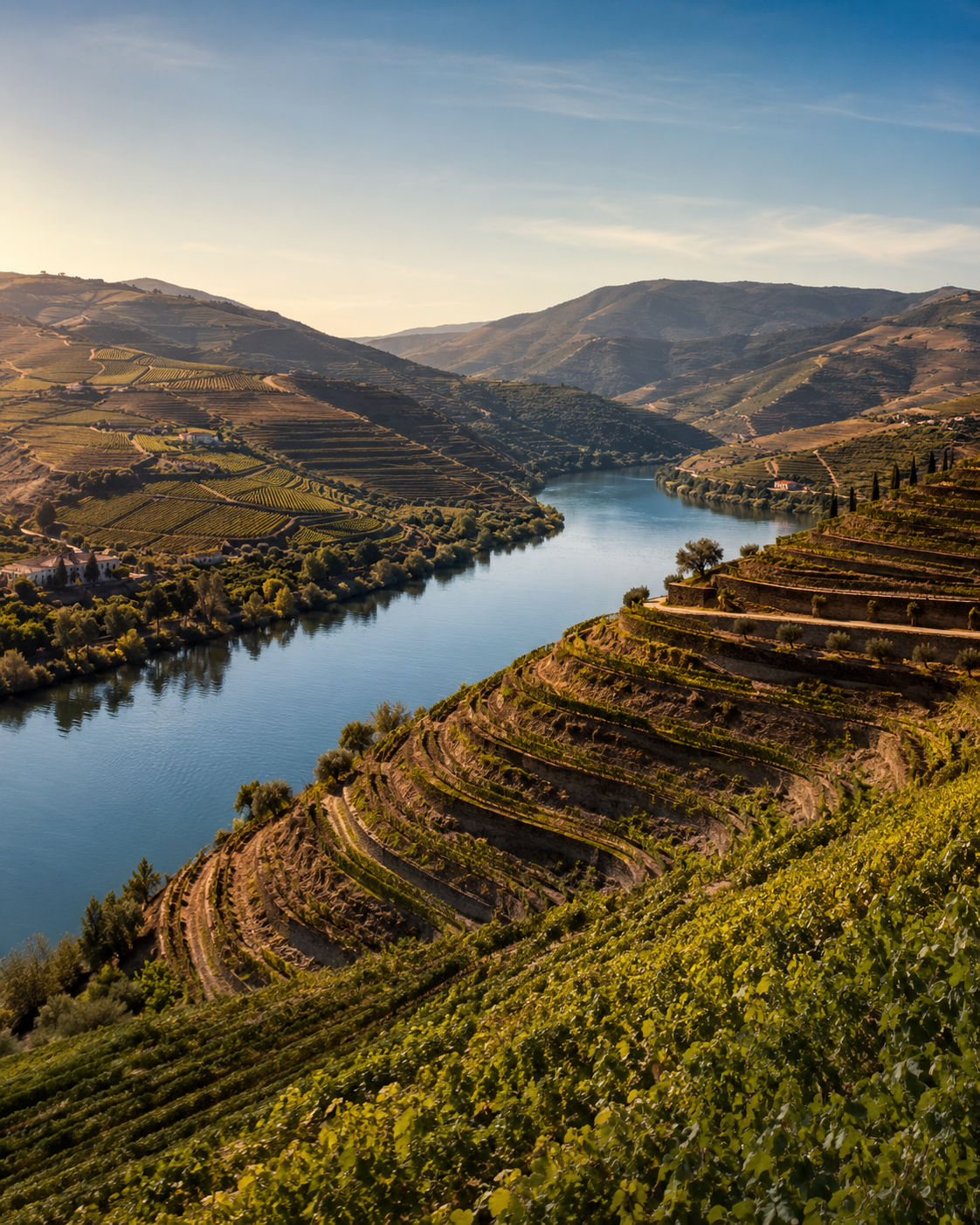 Terraced vineyards carved into the steep hillsides of Portugal's Douro Valley, with the Douro River winding through one of the oldest demarcated wine regions in the world