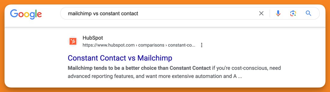 a comparison search for Mailchimp and Constant Contact