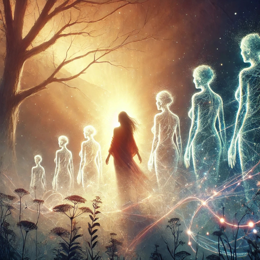 Illustration symbolique d'une femme se libérant d'une blessure transgénérationnelle, entourée de figures ancestrales et de fils lumineux qui se dissolvent, dans un paysage naturel serein