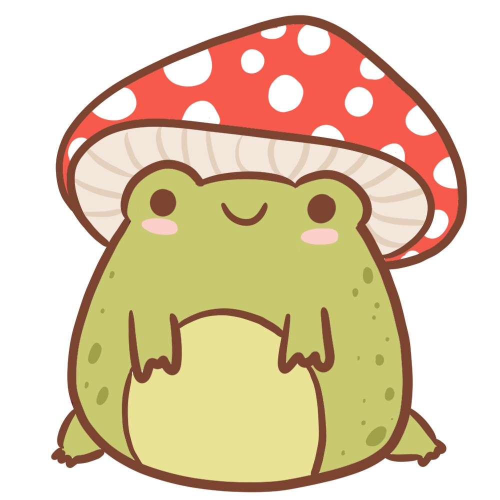 Dessin d'une petite grenouille souriante avec un champignon rouge à points blancs sur la tête
