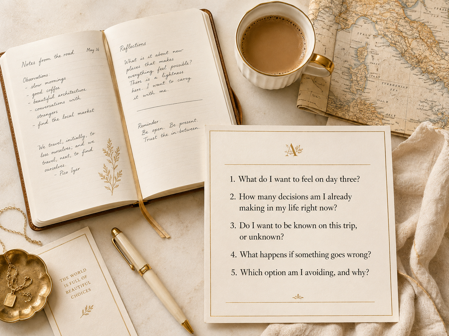 An open journal and coffee on a linen surface, used to work through a travel decision
