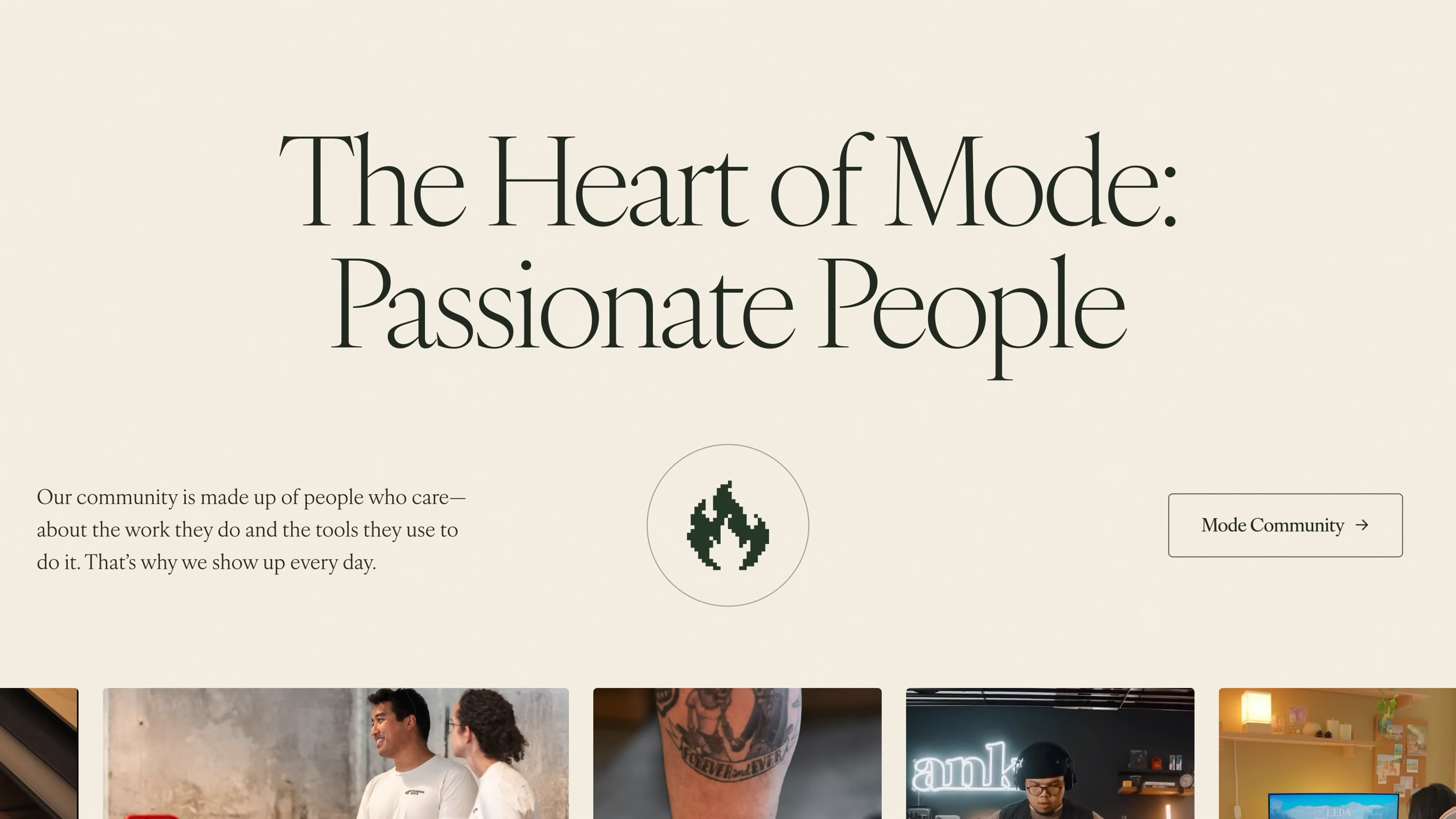 A frame from the video showcasing the “Passionate People” section of Mode’s brand guidelines, emphasizing how the community is central to the new brand direction. As seen in the documentary, the team highlights the importance of customers and enthusiasts who shape Mode’s evolving identity during the rebranding journey.