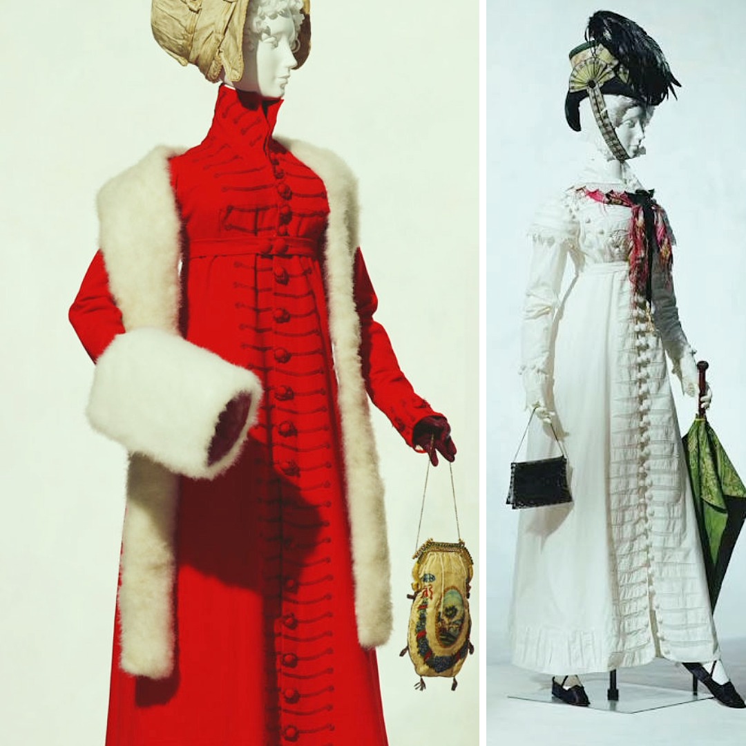 Two Hussar-inspired redingotes from The Kyoto Costume Institute: a red wool redingote, England, c. 1810, with Brandenburg braid and wrapped buttons, and a white cotton Redingote à la Hussarde, England, c. 1815, with Brandenburg piping and pompoms.