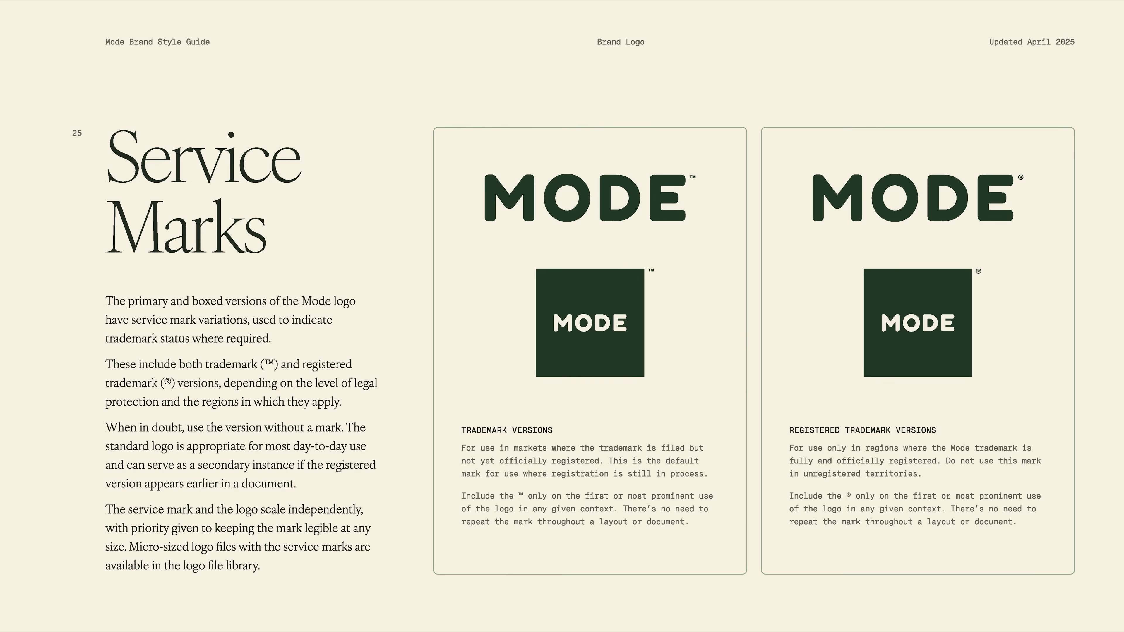 Screenshot from the Mode brand guidelines video showing different trademark and registered trademark versions of the Mode logo. This section explains when to use TM (™) or registered (®) marks, highlighting best practices for legal protection and consistent branding in a premium tech company.