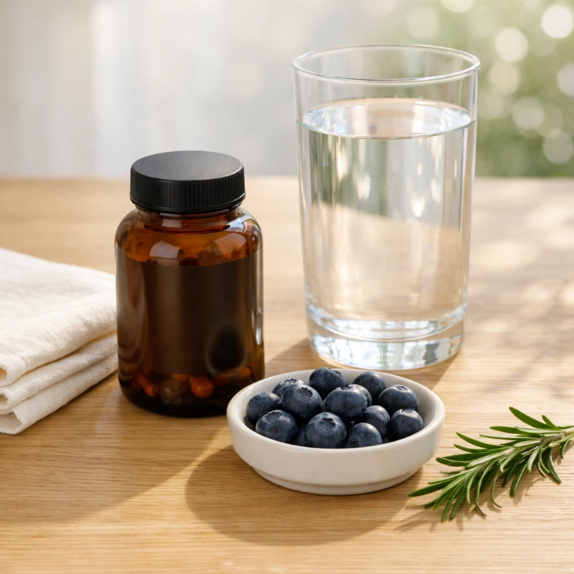 Gut health supplement bottle with water and fresh berries for comprehensive microbiome support