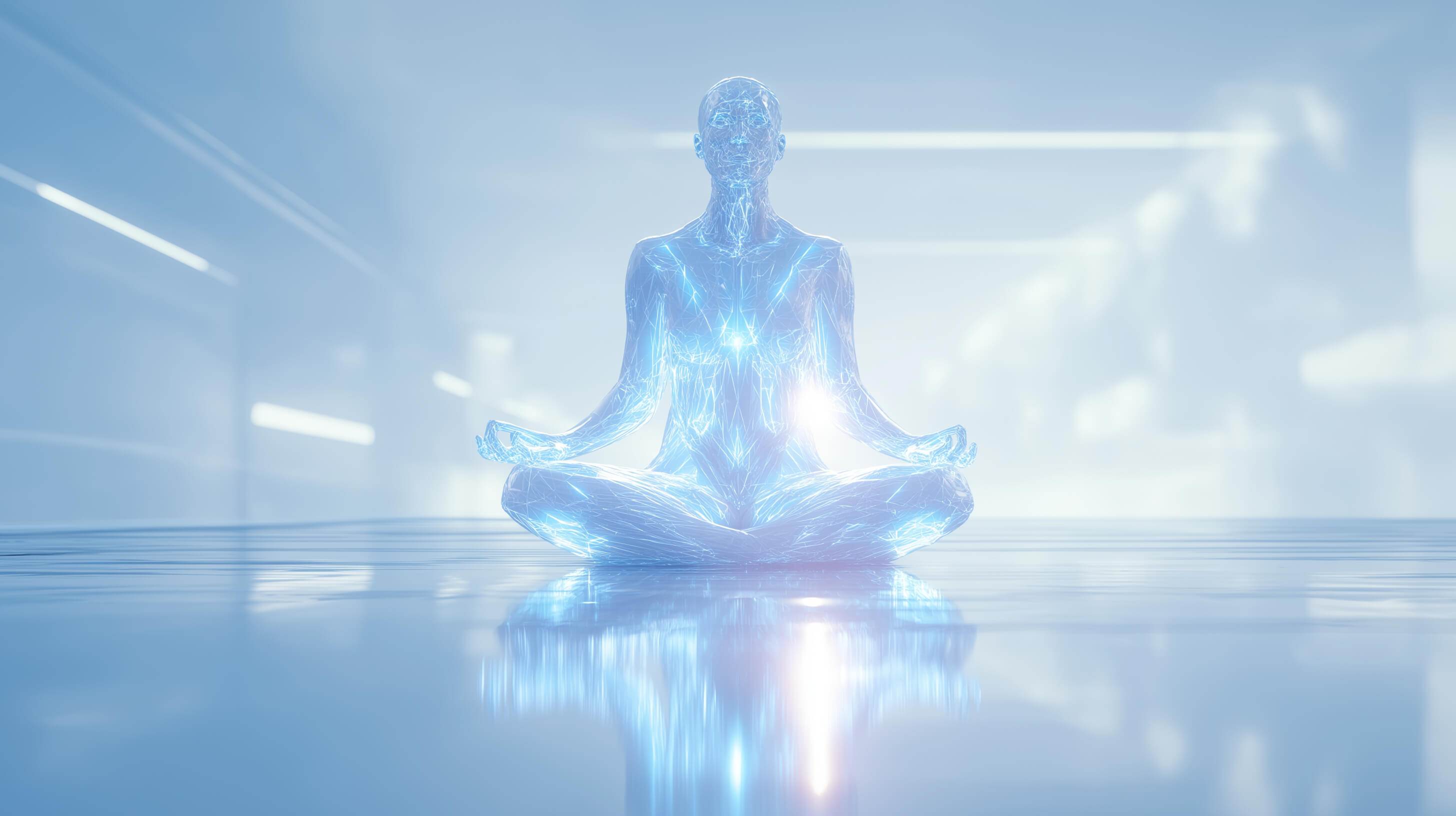 A bright, serene futuristic scene showing a translucent blue holographic human figure seated in a relaxed meditation posture, softly glowing from within, surrounded by a luminous white-blue space that reflects calm, safety, and deep nervous system regulation.