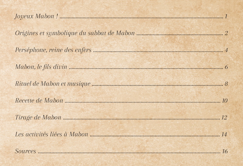 Sommaire du Livret-grimoire de Mabon