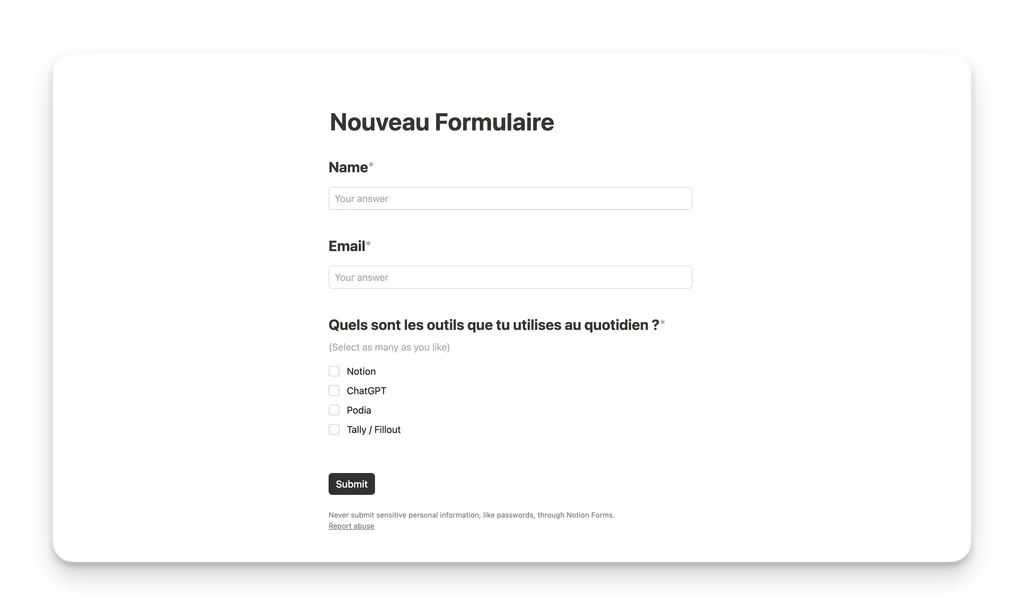 un formulaire dans Notion