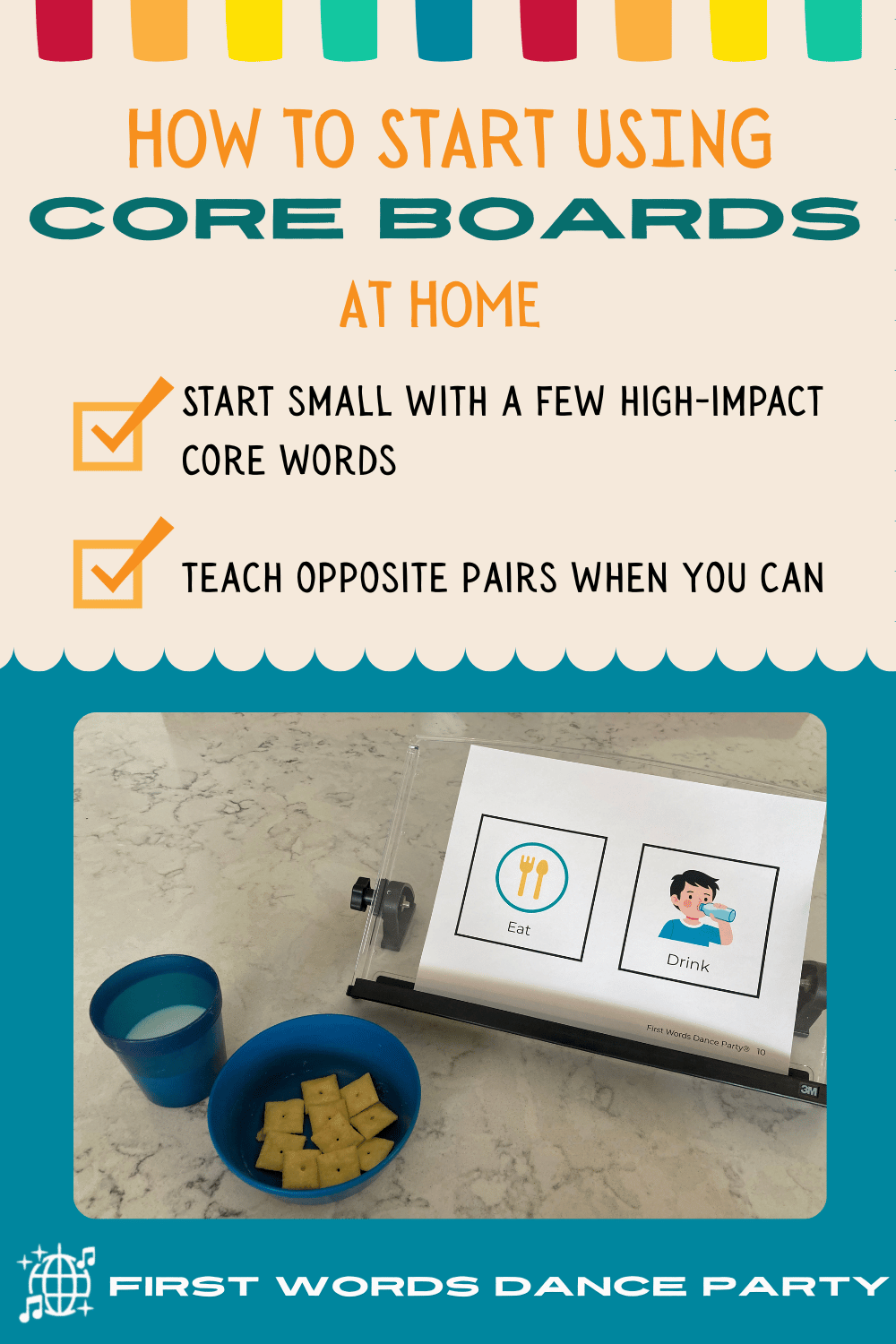 Core boards for AAC pictured next to a bowl of crackers and a cup.