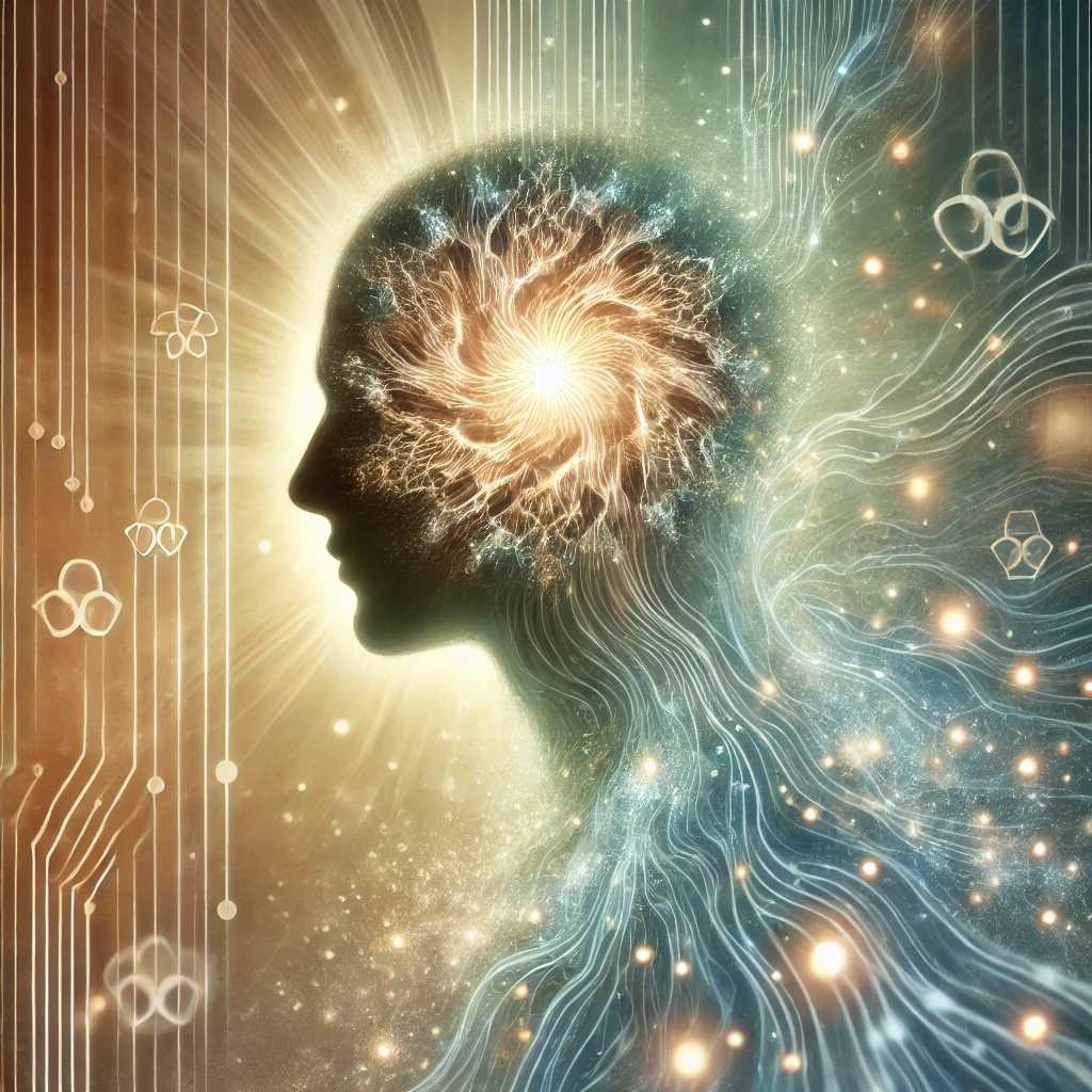 Illustration artistique d’une silhouette humaine avec des motifs lumineux, représentant l’influence de l’épigénétique sur les émotions et la transmission transgénérationnelle