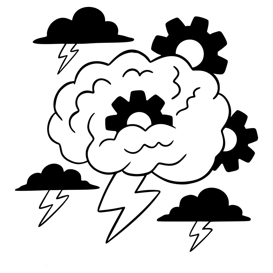 An illustration of clouds striking lightnings with system gears hidden in them