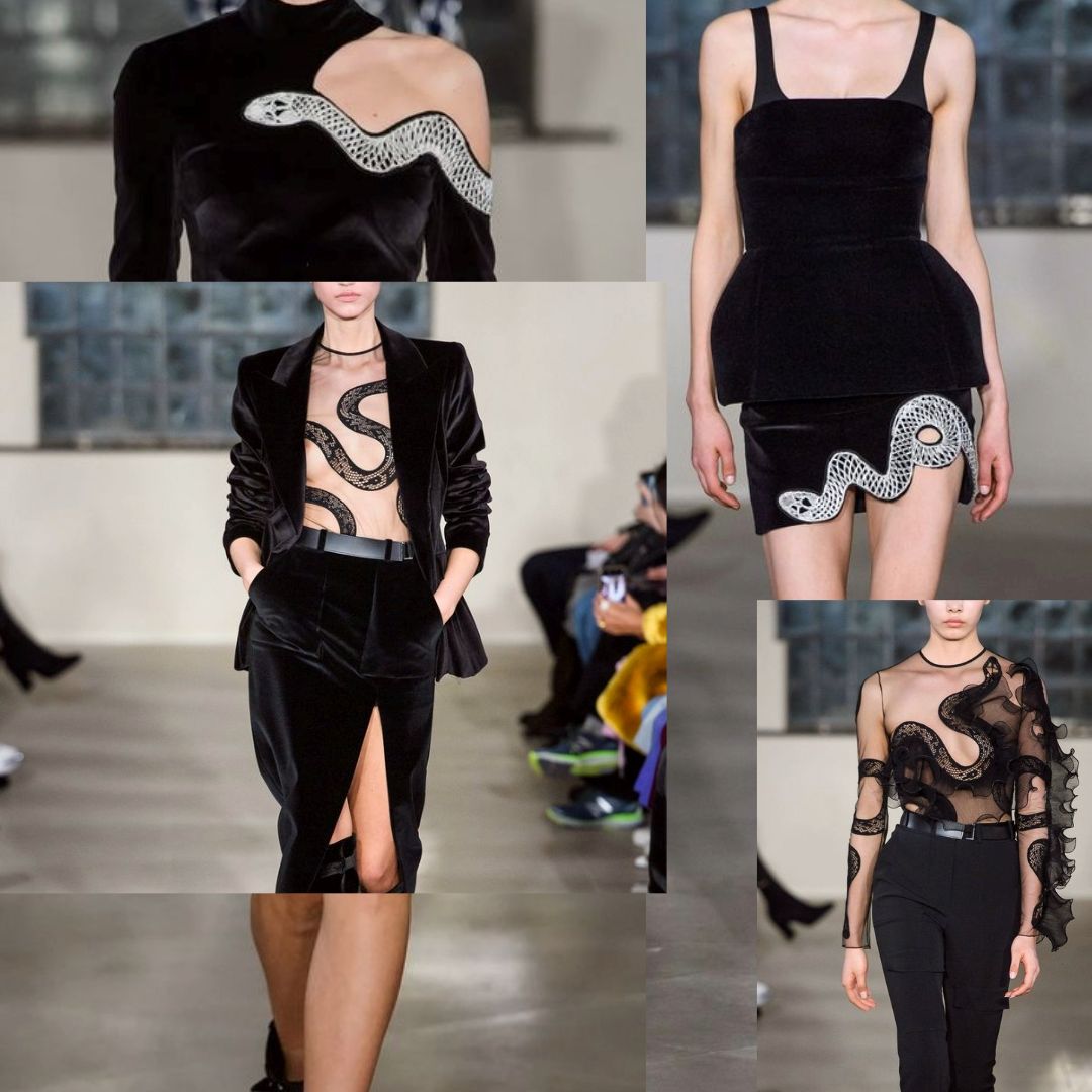 Designs from David Koma’s Fall 2019 Ready-to-Wear collection featuring striking snake motifs. Highlights include a white snake embroidered along the shoulder and bodice of a black dress, a sheer top with an intricately detailed snake pattern paired with a tailored black velvet blazer, and a peplum dress with a snake wrapping around the skirt
