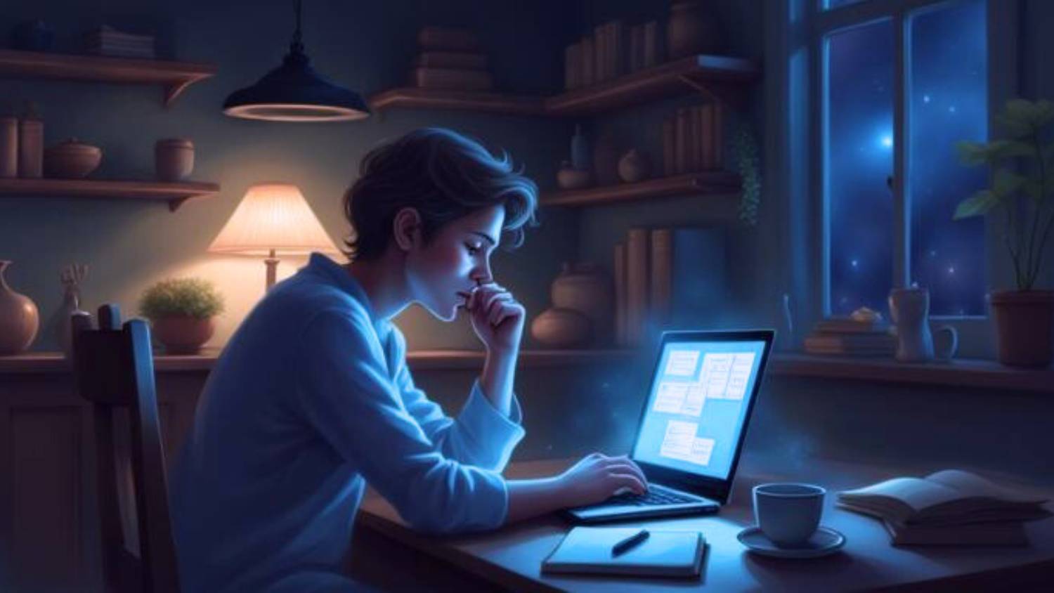 A person sitting at a desk late at night, working on a laptop with a thoughtful and slightly tense expression, illustrating normal situational anxiety.