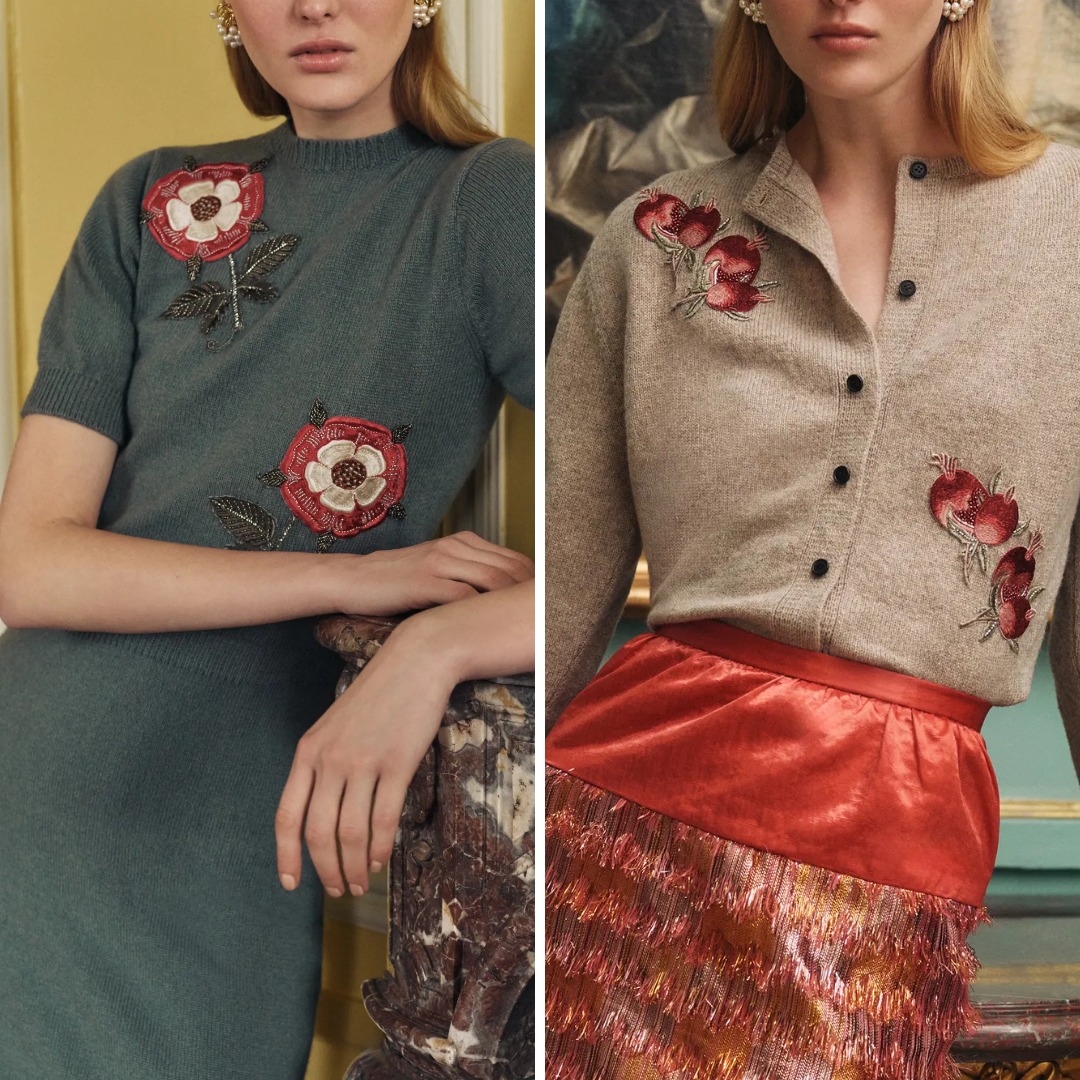 Close-up of embroidered knit dress and cardigan with floral appliqué motifs on soft knit fabric