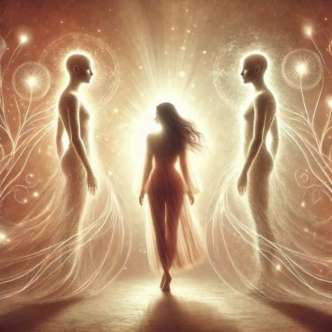 femme entre deux silhouettes lumineuses symbolisant le lien entre flamme jumelle et héritage transgénérationnel