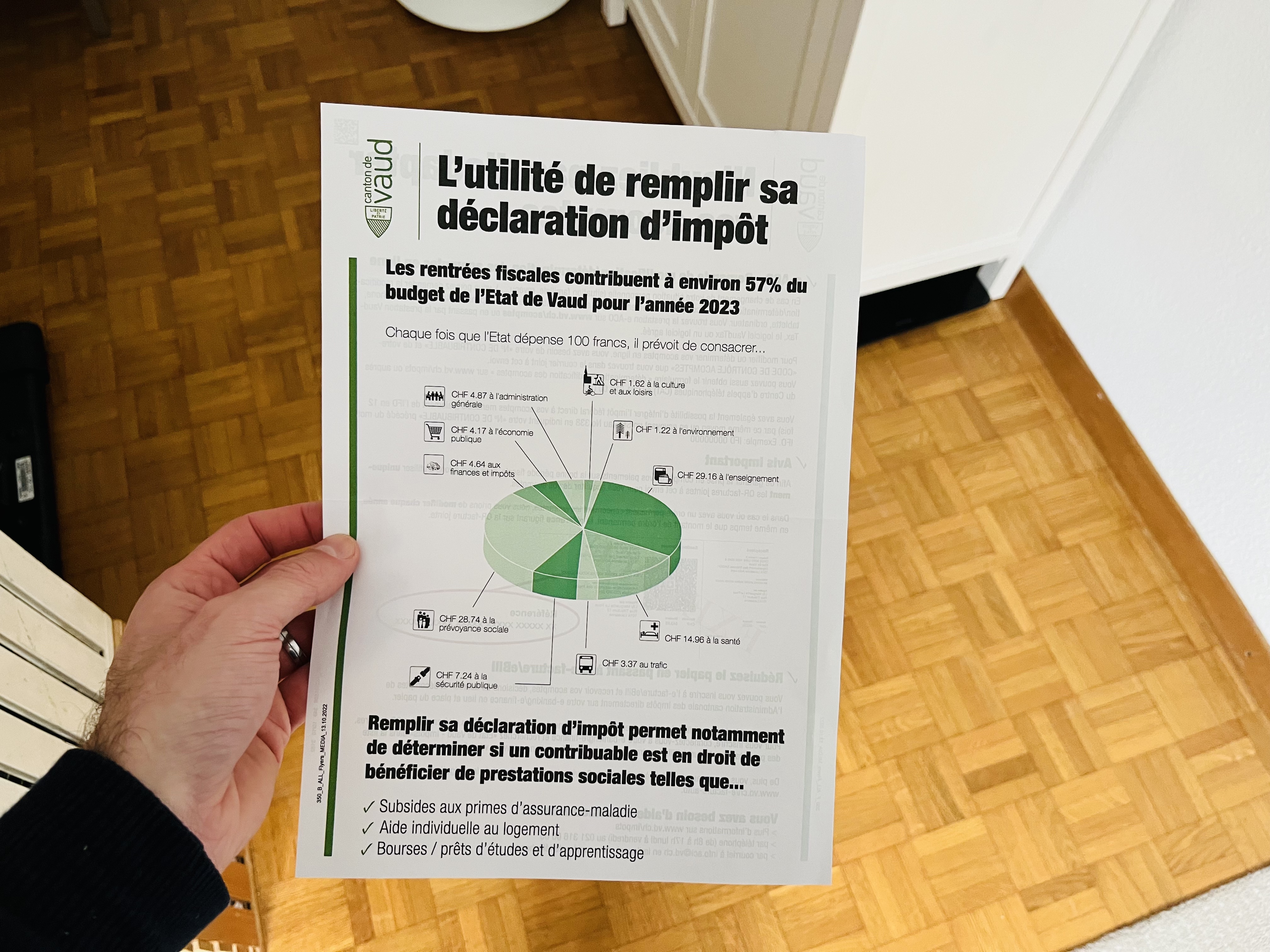 A photo of a document showing where the tax money goes with a pie chart. Document from the Canton of Vaud tax office.
