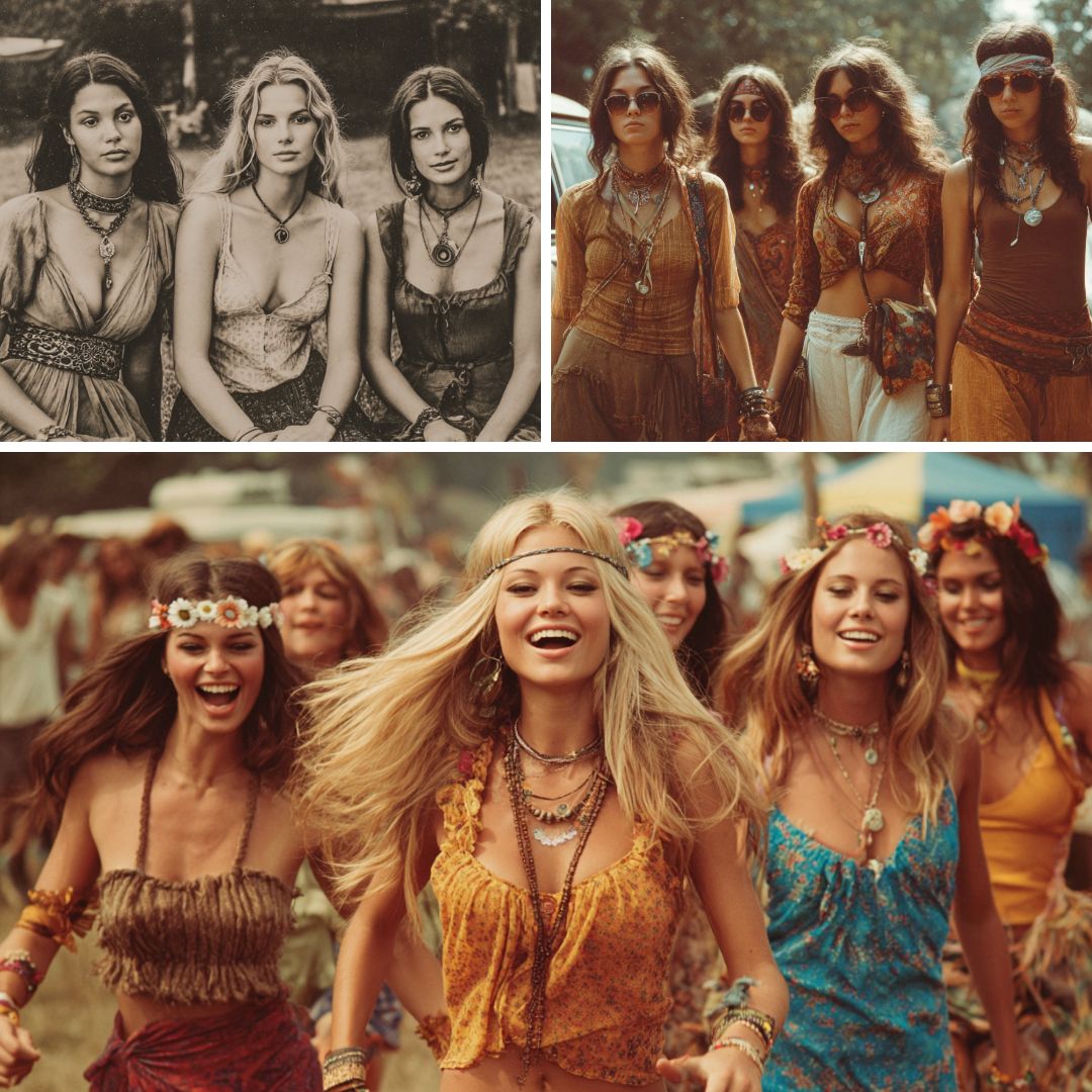 A collage of women in 1960s–70s boho fashion, showing fringe tops, floral headbands, layered jewellery, and flowing skirts at outdoor festivals