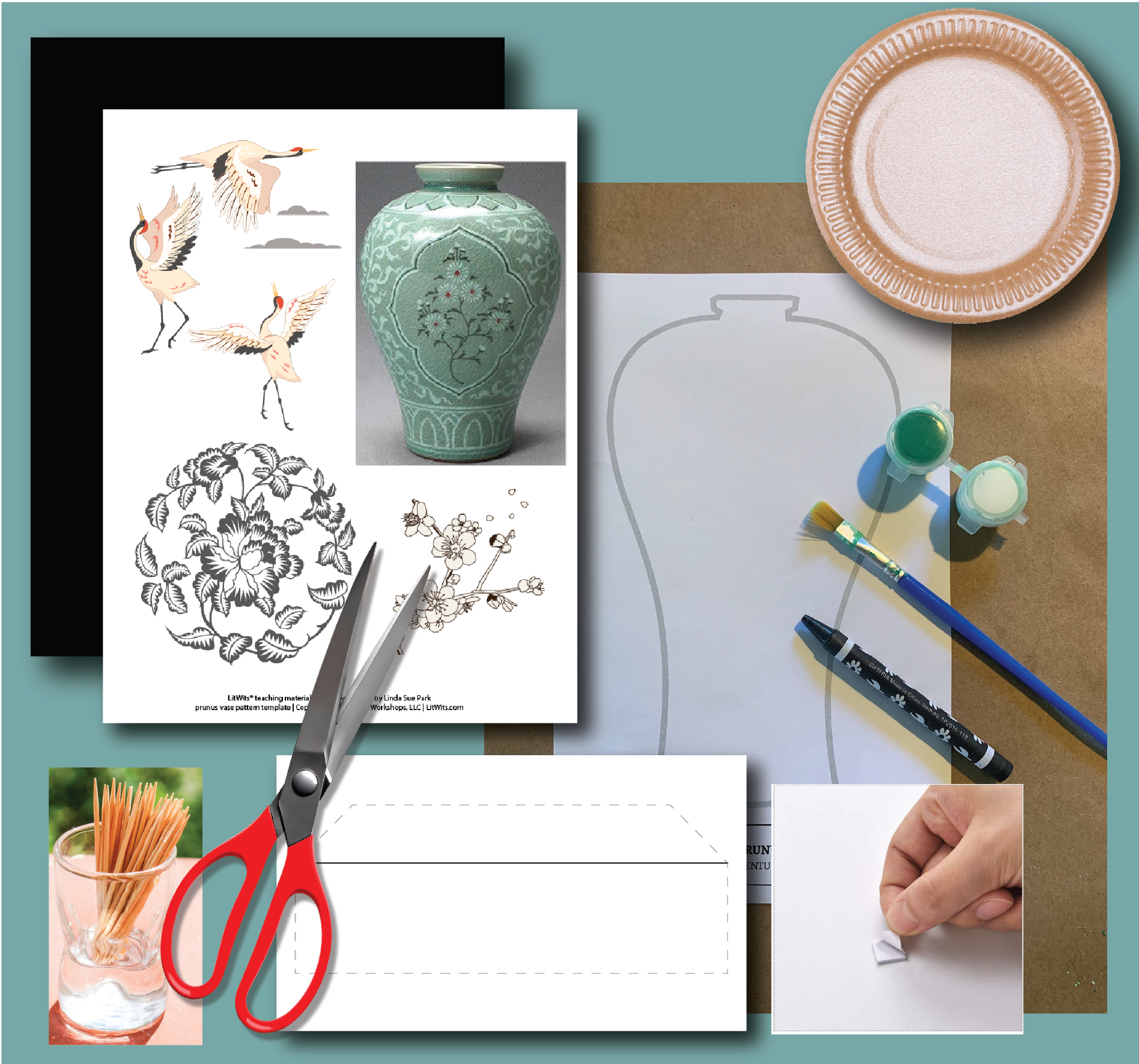 Supplies for designing a prunus vase, a creative teaching idea for A Single Shard - LitWits Workshops