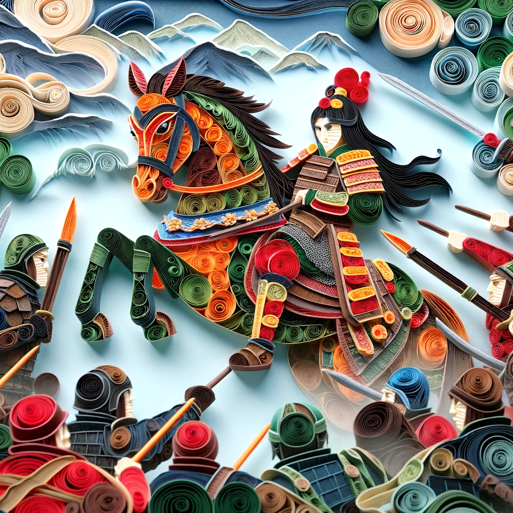 Warrior woman riding a horse. Image in the style of paper quilling.