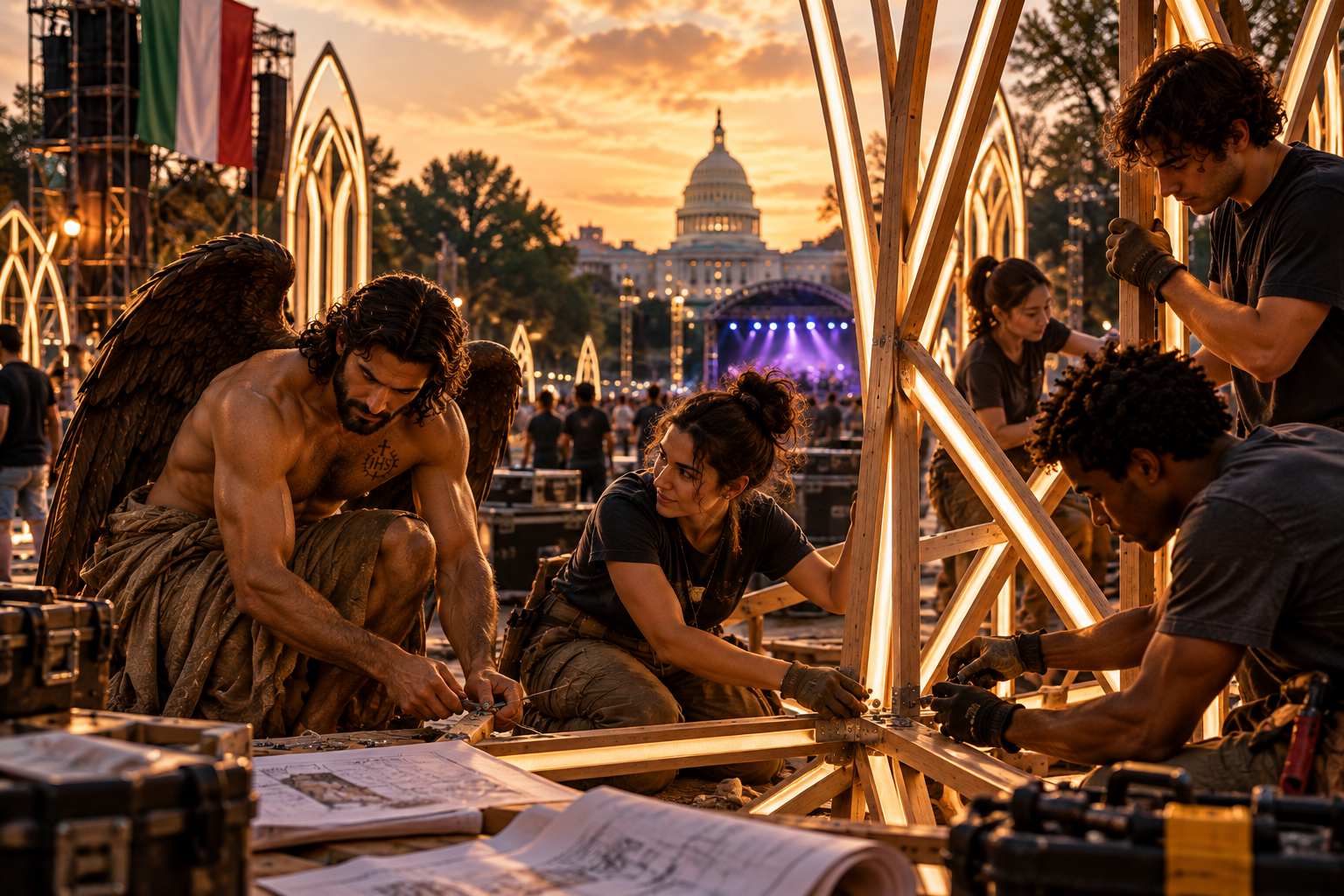 Art installation on the Mall with the US Capitol in the background. The installation is being built by a group of young people and The Builder at Work.