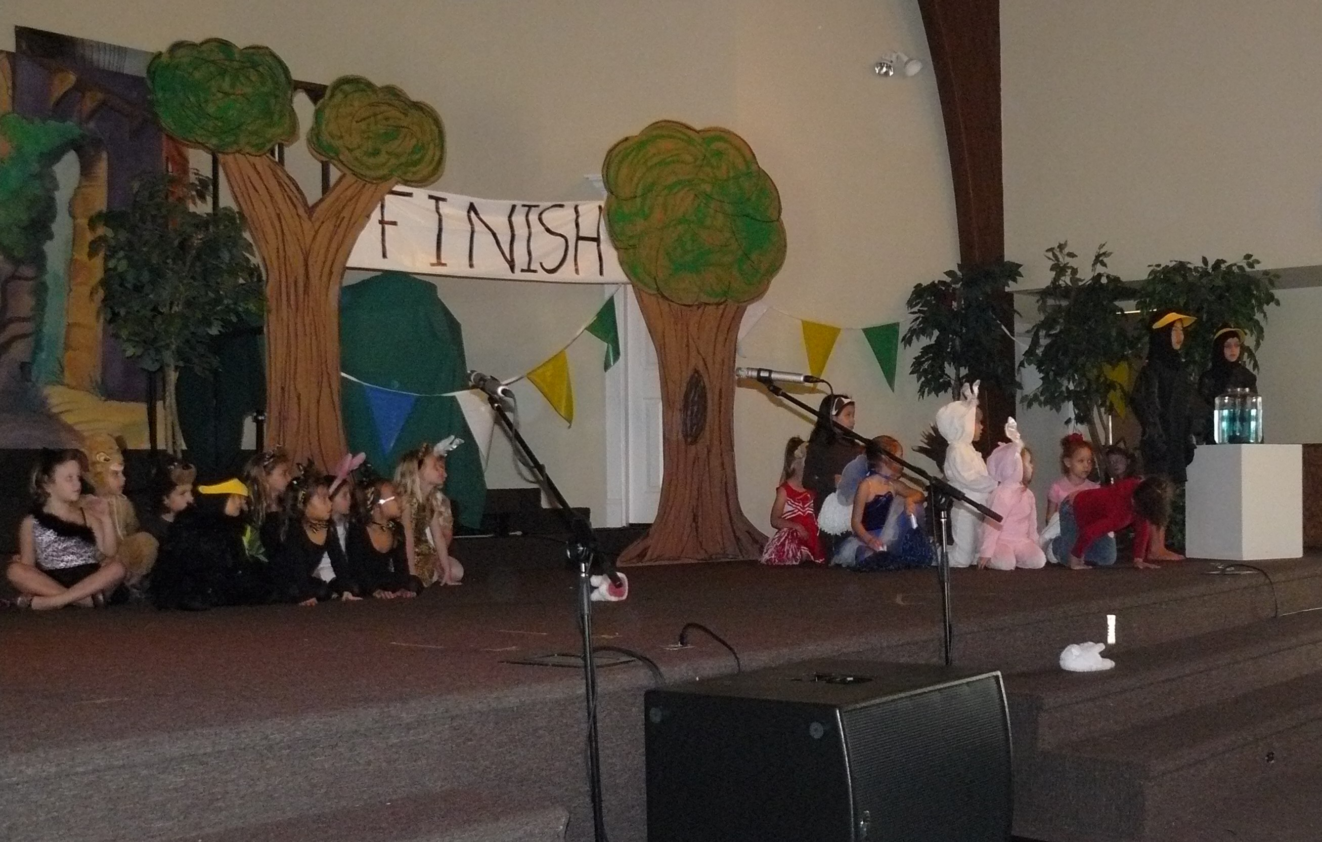 Students performing The Big Race - A Montage of Aesop's Fables one-act play from homeschooldrama.com