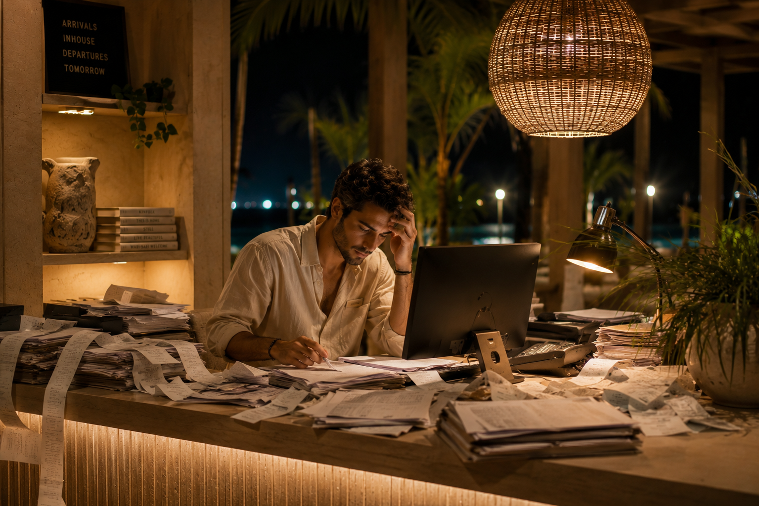 A hotel night auditor works late at a luxury beach resort reception desk, surrounded by overflowing stacks of paperwork, invoices, and long printed receipts. Warm amber lighting from woven pendant lamps creates a relaxed tropical atmosphere, contrasting with the auditor’s focused and slightly stressed expression as he reviews documents and works on a computer. Palm trees and soft resort lights glow in the background, highlighting the challenge of managing complex manual processes after hours in an upscale hospitality setting.