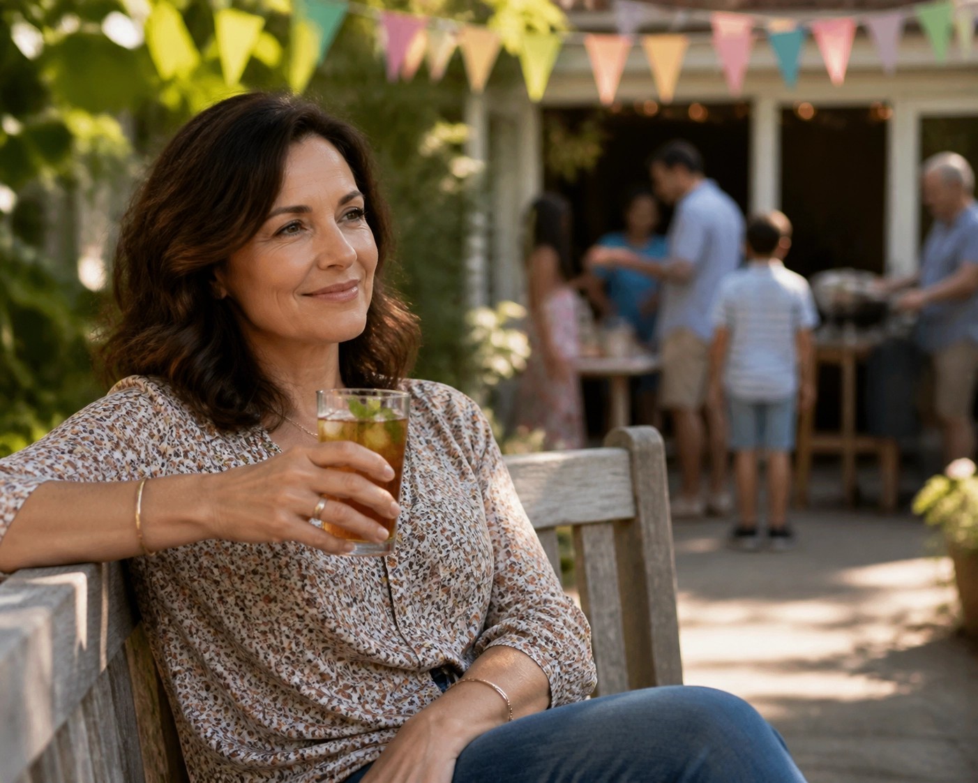 "A woman in a sun hat sitting peacefully with a glass of iced tea at a busy family barbecue, showing personal clarity."