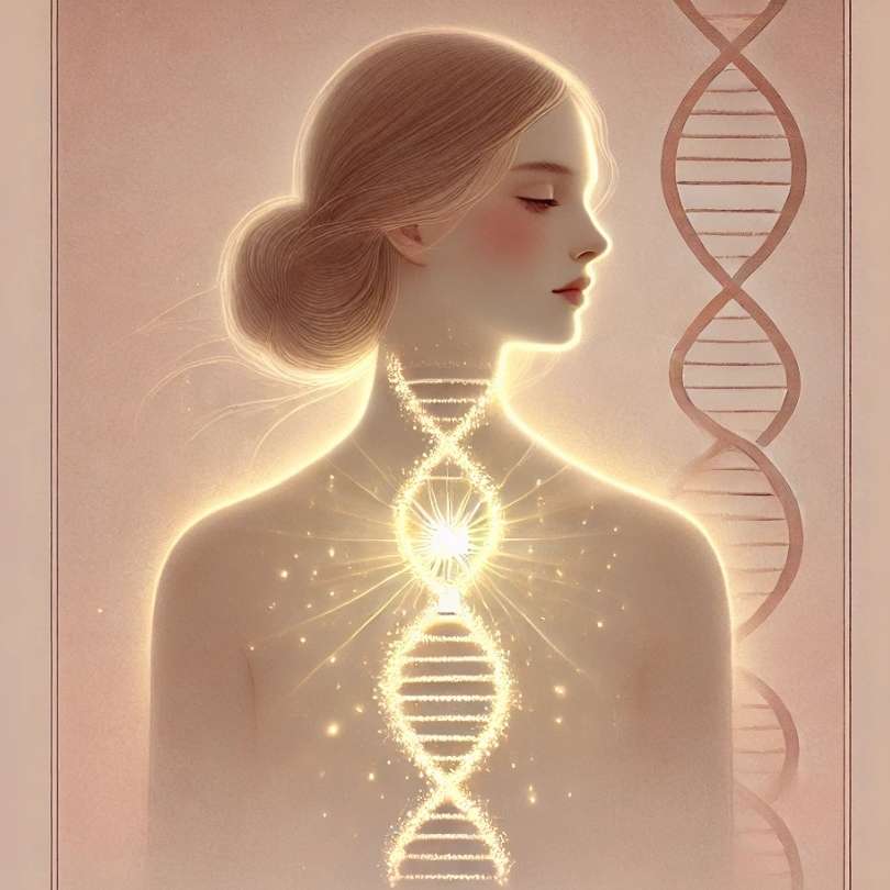 illustration symbolique d’une femme lumineuse avec un ADN rayonnant au niveau du cœur, représentant la transformation de l’héritage épigénétique et la reprogrammation cellulaire