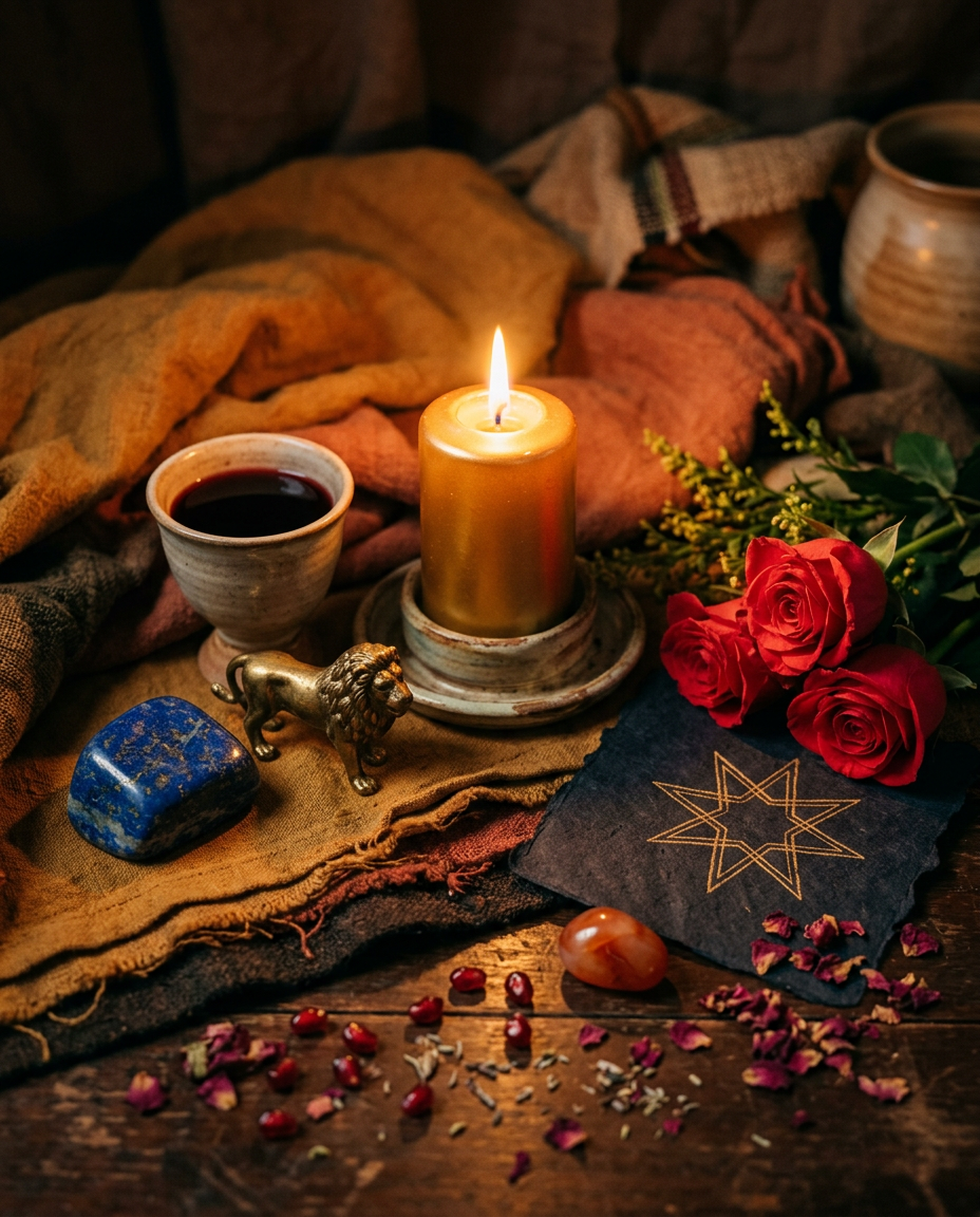 A moody, close-up shot of a spiritual altar on a dark wooden table. A thick gold pillar candle glows intensely in the center, flanked by three red roses, a small brass lion figurine, a polished lapis lazuli stone, a carnelian stone, and a ceramic chalice filled with dark red wine. The objects rest on layers of textured orange, brown, and dark fabrics, interspersed with loose pomegranate seeds, dried lavender, and a dark piece of paper featuring a gold-line eight-pointed star.