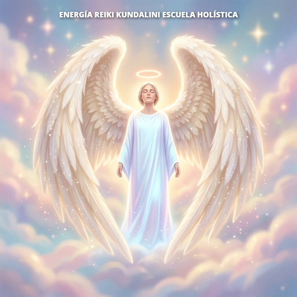 Ilustración artística y espiritual de un Ángel de la Guarda con grandes alas blancas desplegadas, rodeado de un aura de luz dorada en un cielo celestial con nubes suaves en tonos pastel y estrellas brillantes.