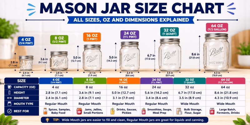 Mason Jar Size Chart: All Sizes, Oz and Dimensions Explained