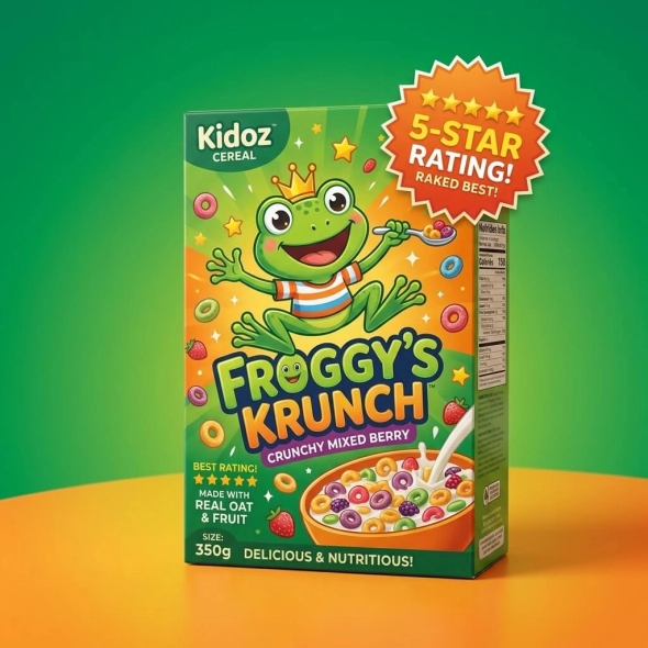 printed cereal with frog on box
