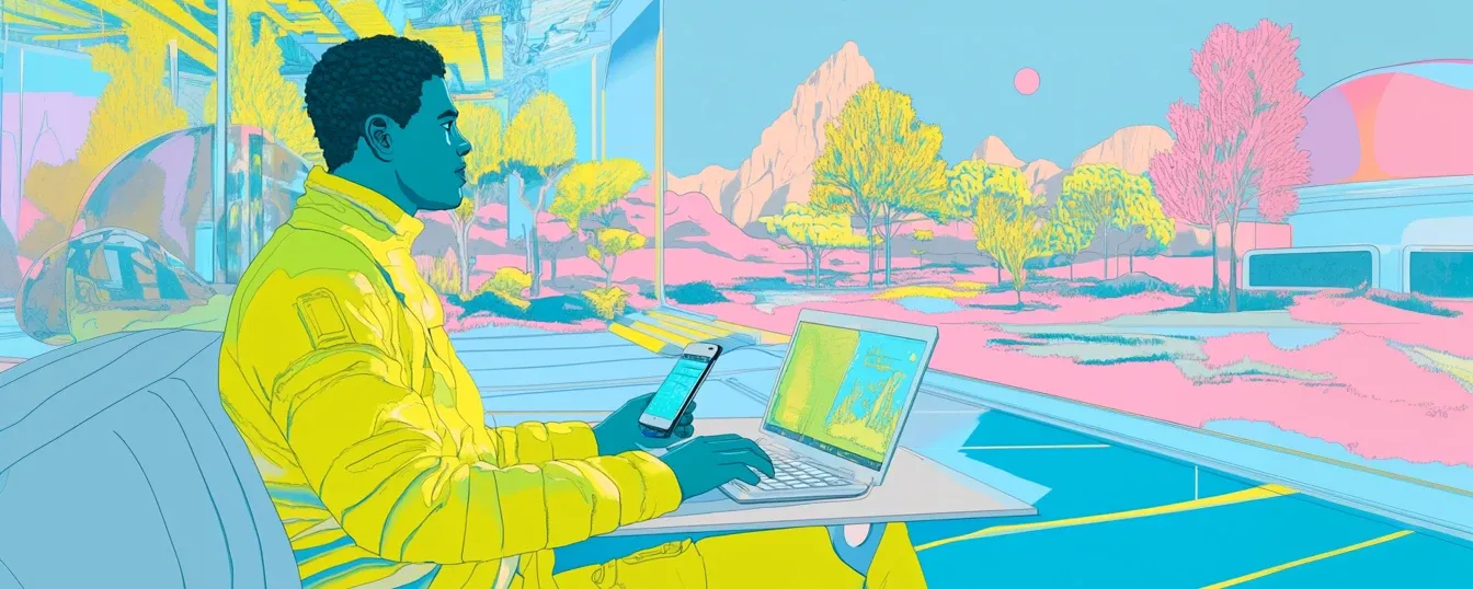 Persona usando un computador y teléfono móvil Flow