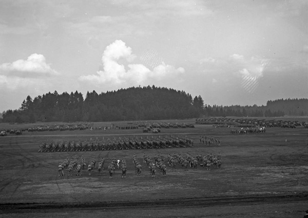 An elevated landscape view of military trucks and soldiers in lines in a wooded clearing.