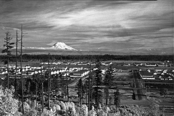 A landscape of houses and tress, with Mount Rainier in the background, 