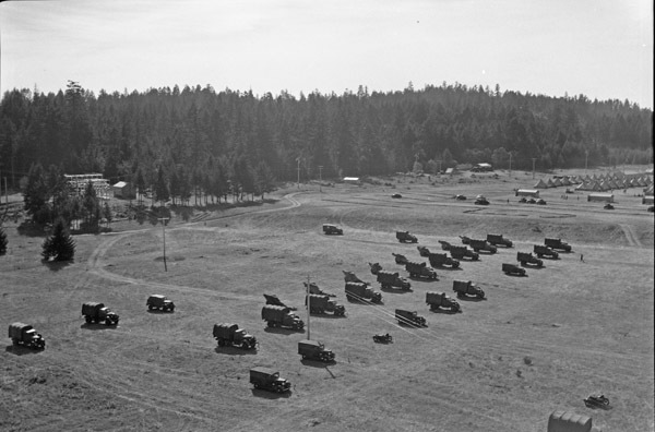 More than a dozen military trucks lined up in 3 lines, some of which have artillery cannons hitched to the back.  A tent camp and a forest are in the background.