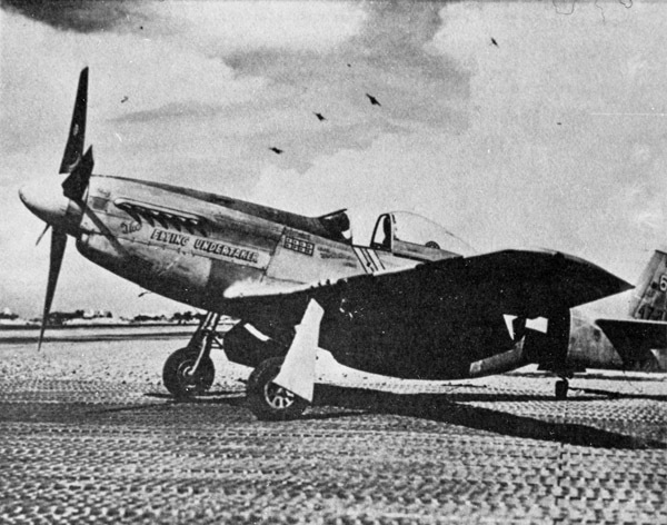 A F-6D P-51 Mustang airplane sitting still on the ground.