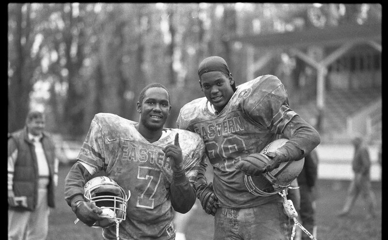 1990 Football Action, EOSC at Pacific University, Muddy 02