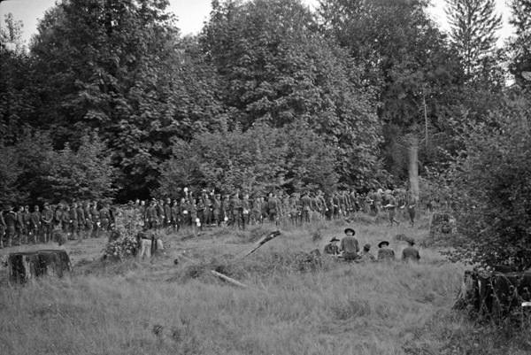 Dozens of soldiers lined up in a wooded clearing.  Some soldiers are sitting in the foreground.