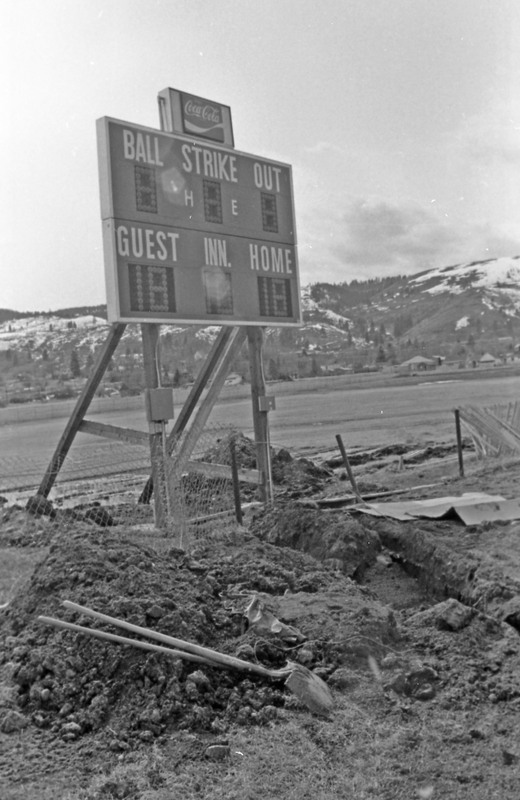 1985 Baseball Field, Scoreboard Installation 06