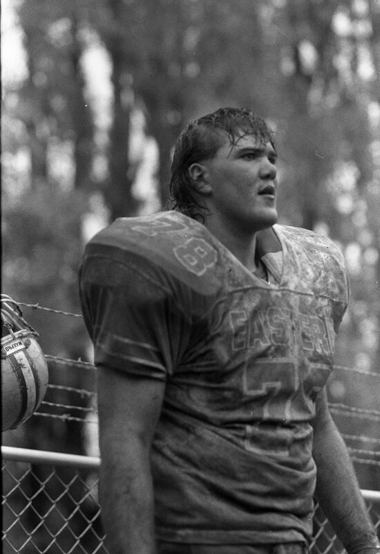 1990 Football Action, EOSC at Pacific University, Muddy 05