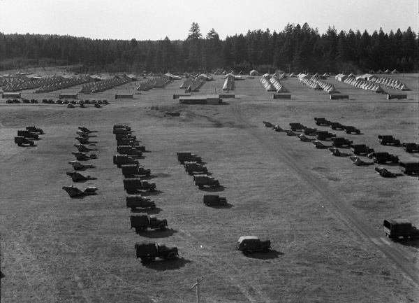 More than a dozen military trucks lined up in five lines, some of which have artillery cannons hitched to the back. A tent camp and a forest are in the background.