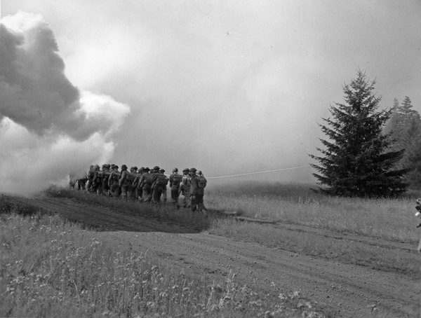 A group of soldiers on a dirt path walking to the left side in a line into a white cloud of gas. A trees is off to the right.