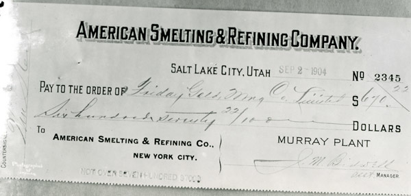 Utah, Smelting Co. Check