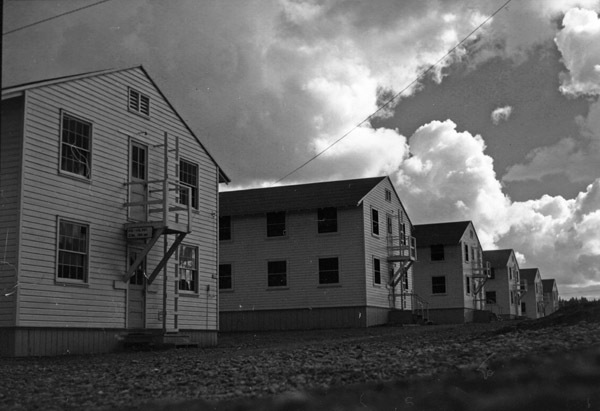 A series of six two-story buildings, with platform exits on the second floors leading to a ladder that allows access from the ground.