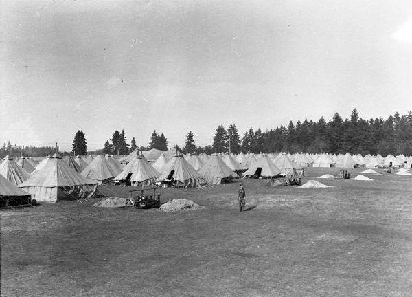 Rows of tents making a full camp, many columns deep, in a wooded clearing. Cookfires can be seen in the foreground.