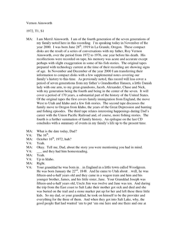 Vernon Ainsworth Interview, 1972-1976