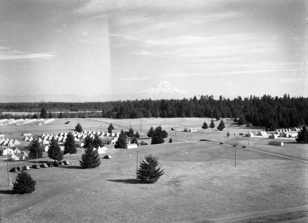 An overview of a large wooded clearing, in which dozens of tents can be seen scattered uniformly throughout the clearing.